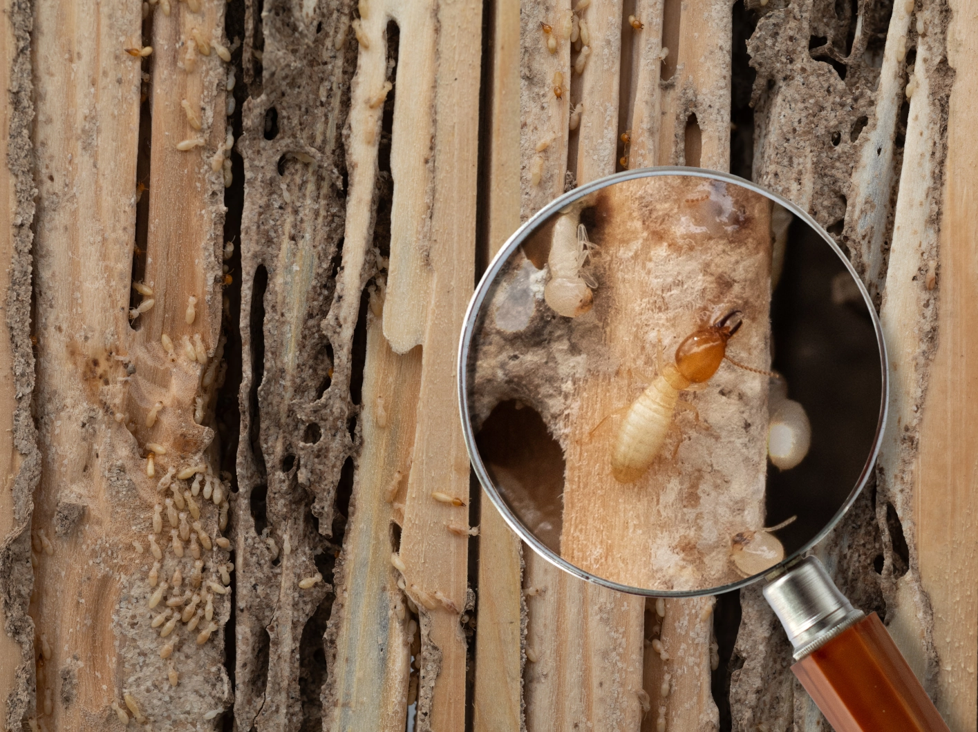 Magnifying glass viewing termites in wood Magnifying glass viewing termites in wood